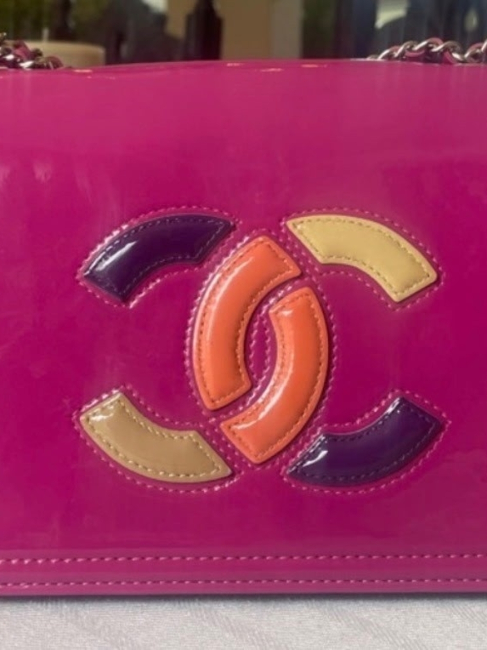 CHANEL Hot Pink Patent Crossbody with Multicolor Interlocking CC